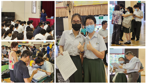Two masked students give thumbs up holding a document, surrounded by school assembly and registration scenes.